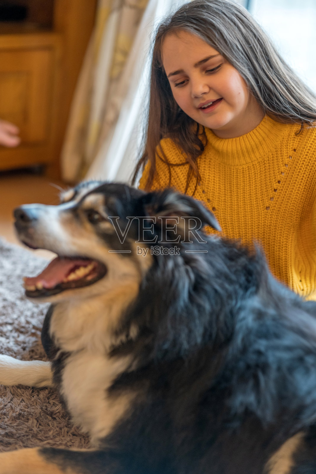 11岁的女孩在室内拥抱狗照片摄影图片