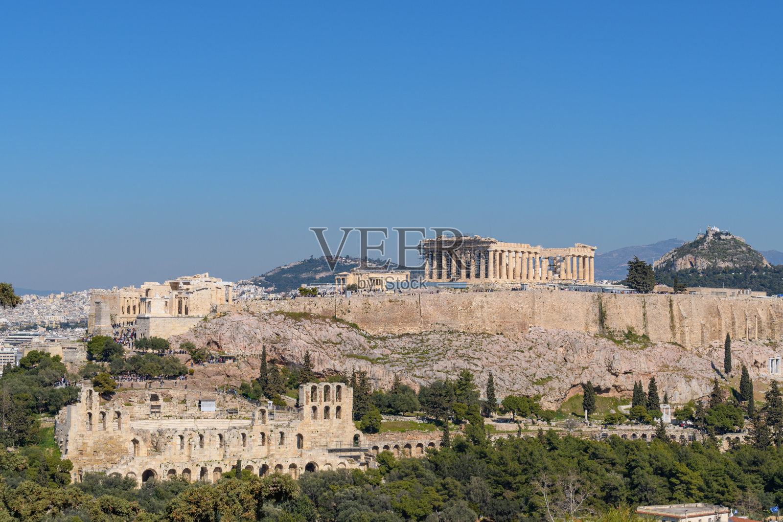 从雅典卫城Filopappos观看帕台农神庙照片摄影图片