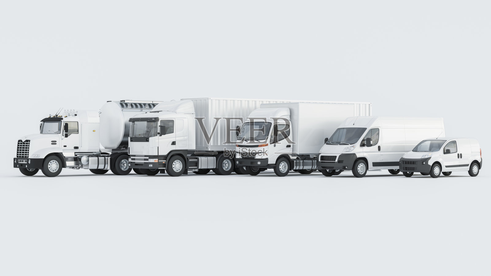 白色背景上的白色货车和卡车排成一排照片摄影图片