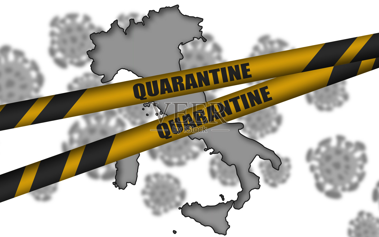 新冠肺炎疫情在意大利爆发，悬挂检疫横幅。照片摄影图片