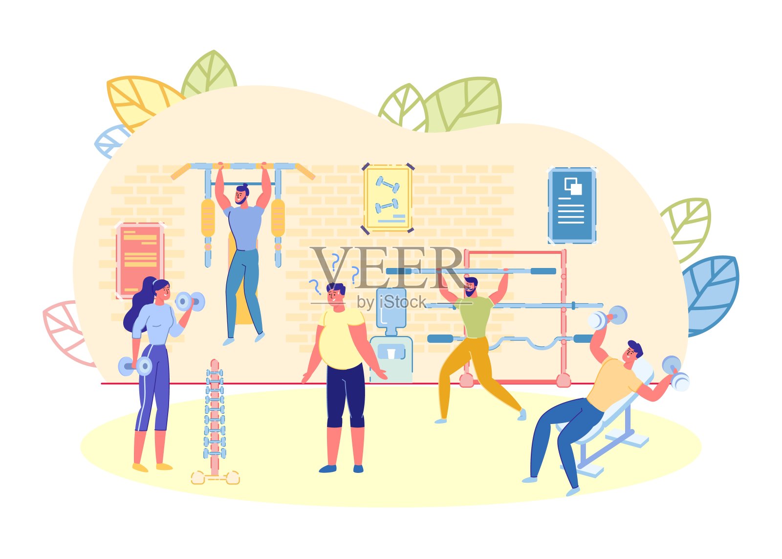 不同的体能训练人们在健身房训练。插画图片素材