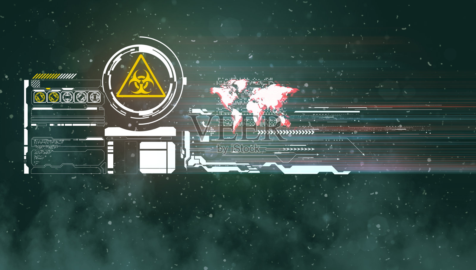 未来的屏幕与生物危害图标和大数据信息。病毒在世界各地传播的统计数据。照片摄影图片