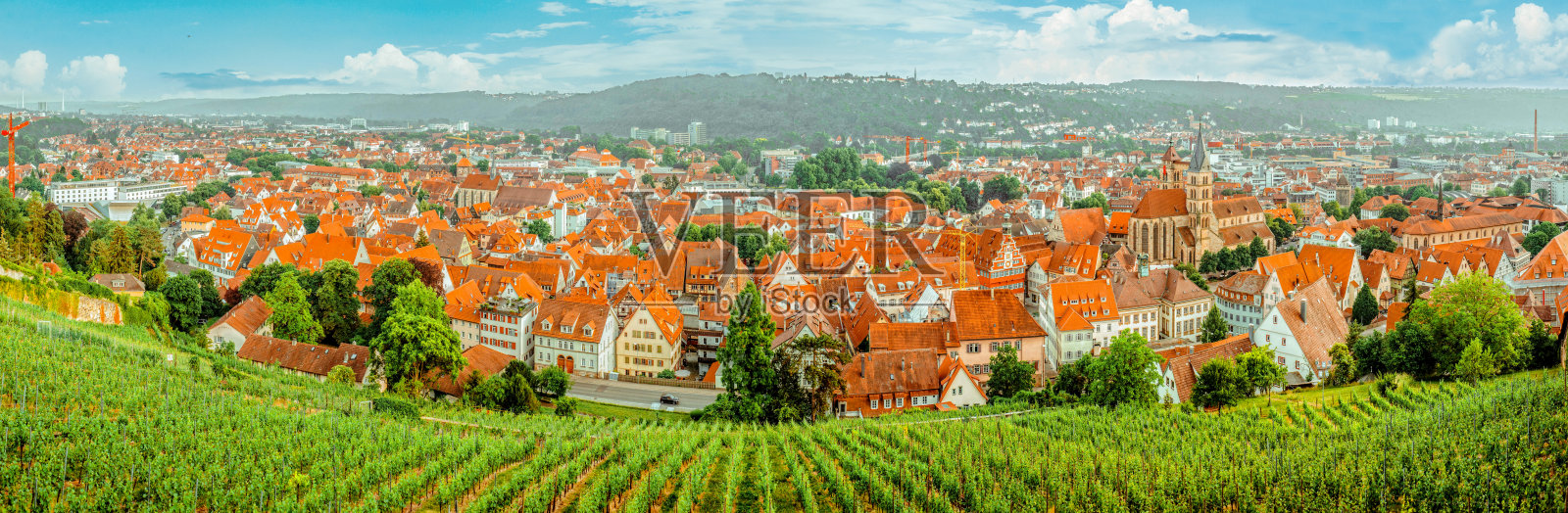 山上的葡萄园和山谷里红屋顶的老城。顶部景观全景图照片摄影图片