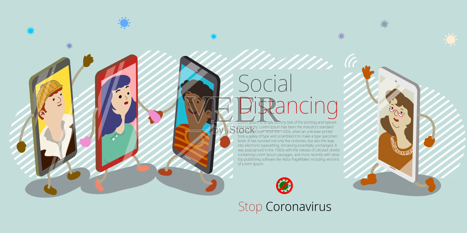 人性化的智能手机在社交距离、远程沟通的时候牵手插画图片素材