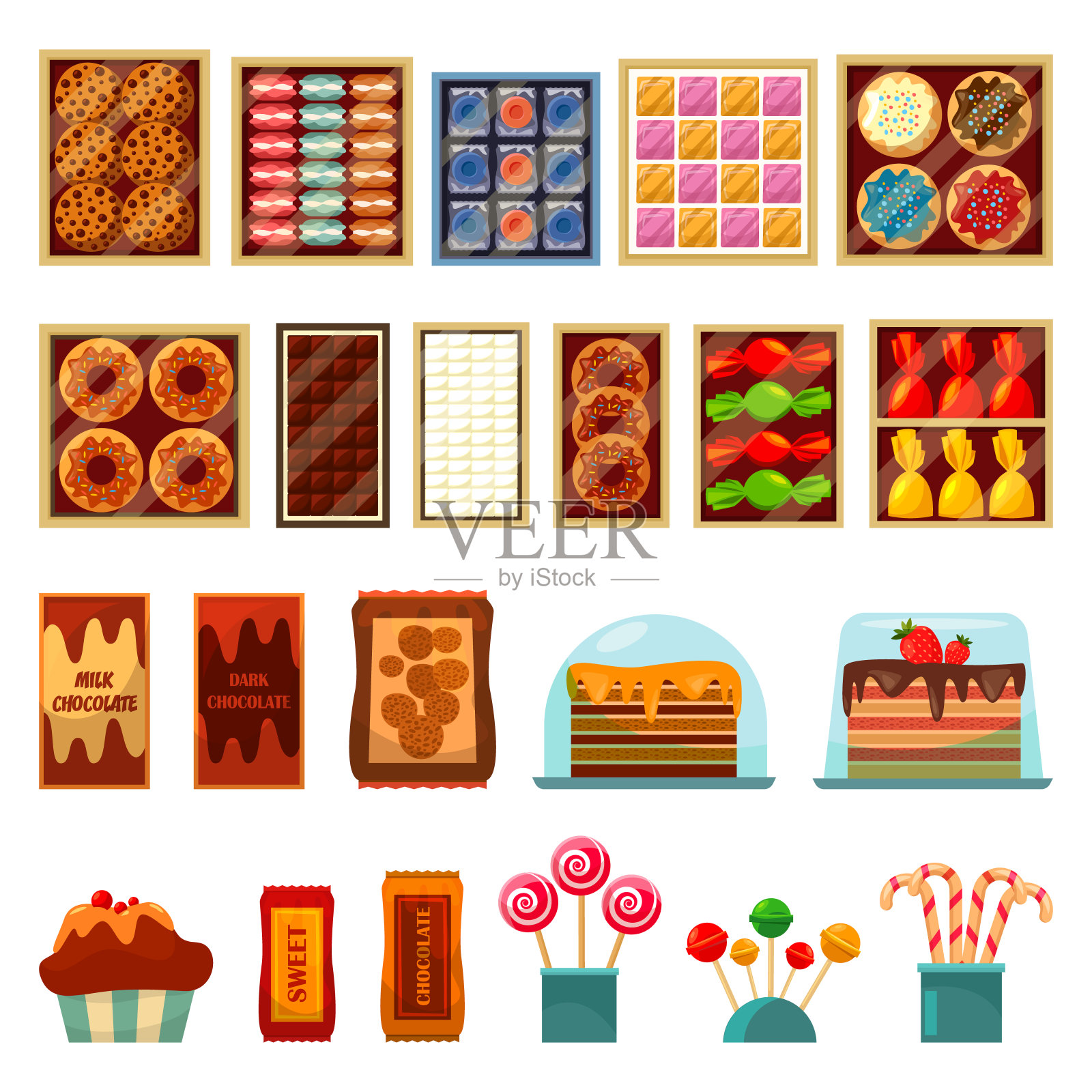 甜食、巧克力、蛋糕和饼干盒插画图片素材