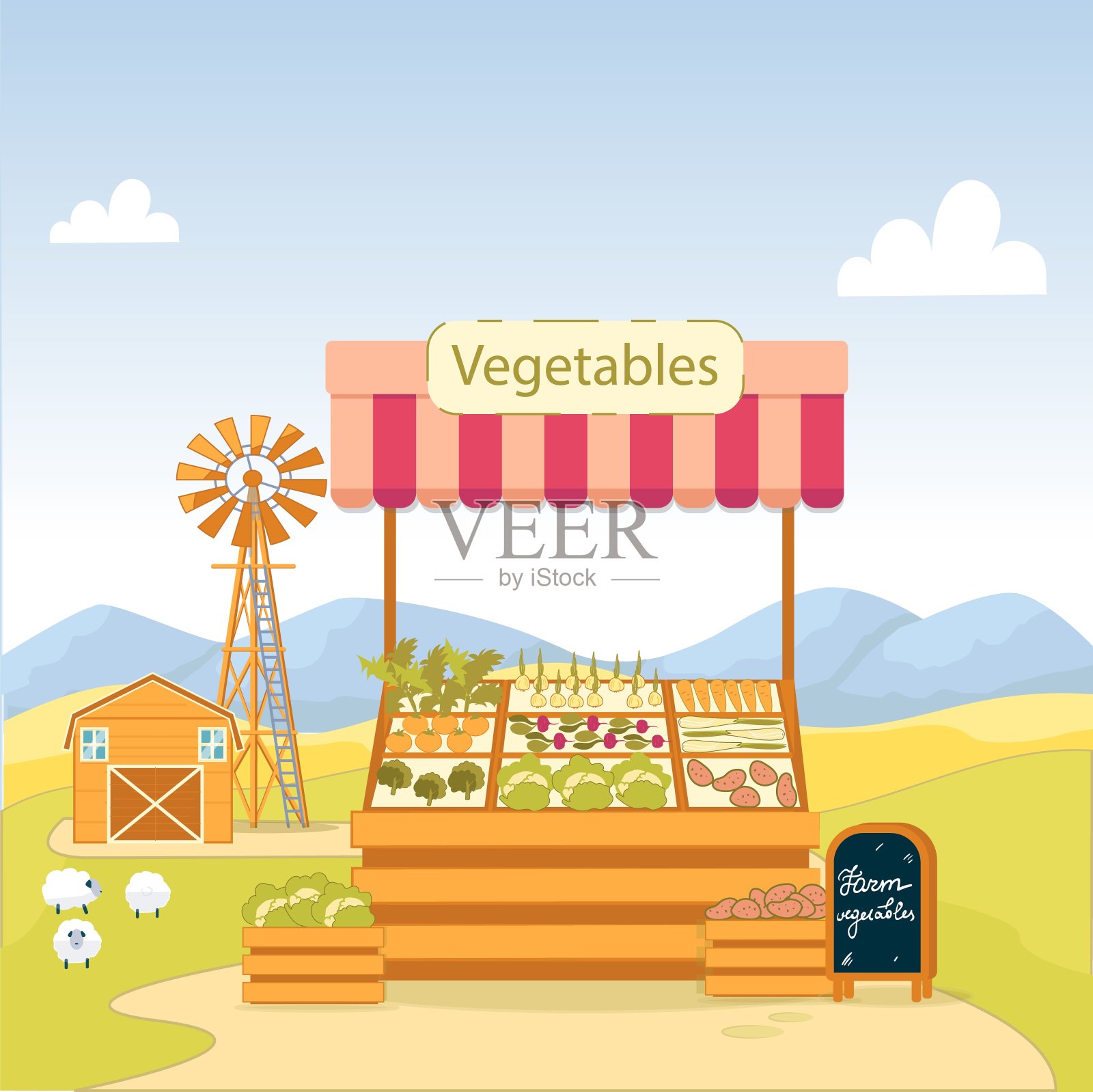 展示道路与农场蔬菜附近的地产。插画图片素材