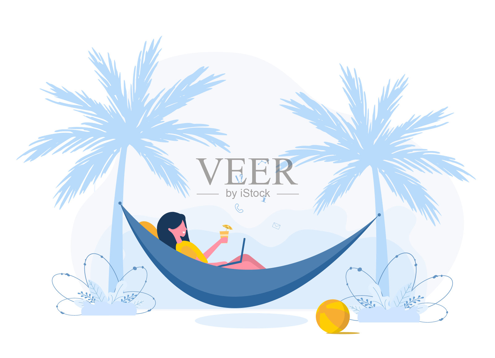 女性的自由。拿着笔记本电脑的女孩躺在棕榈树下的吊床上喝着鸡尾酒。户外工作、学习、交流、健康生活方式的概念插图。平的风格。插画图片素材