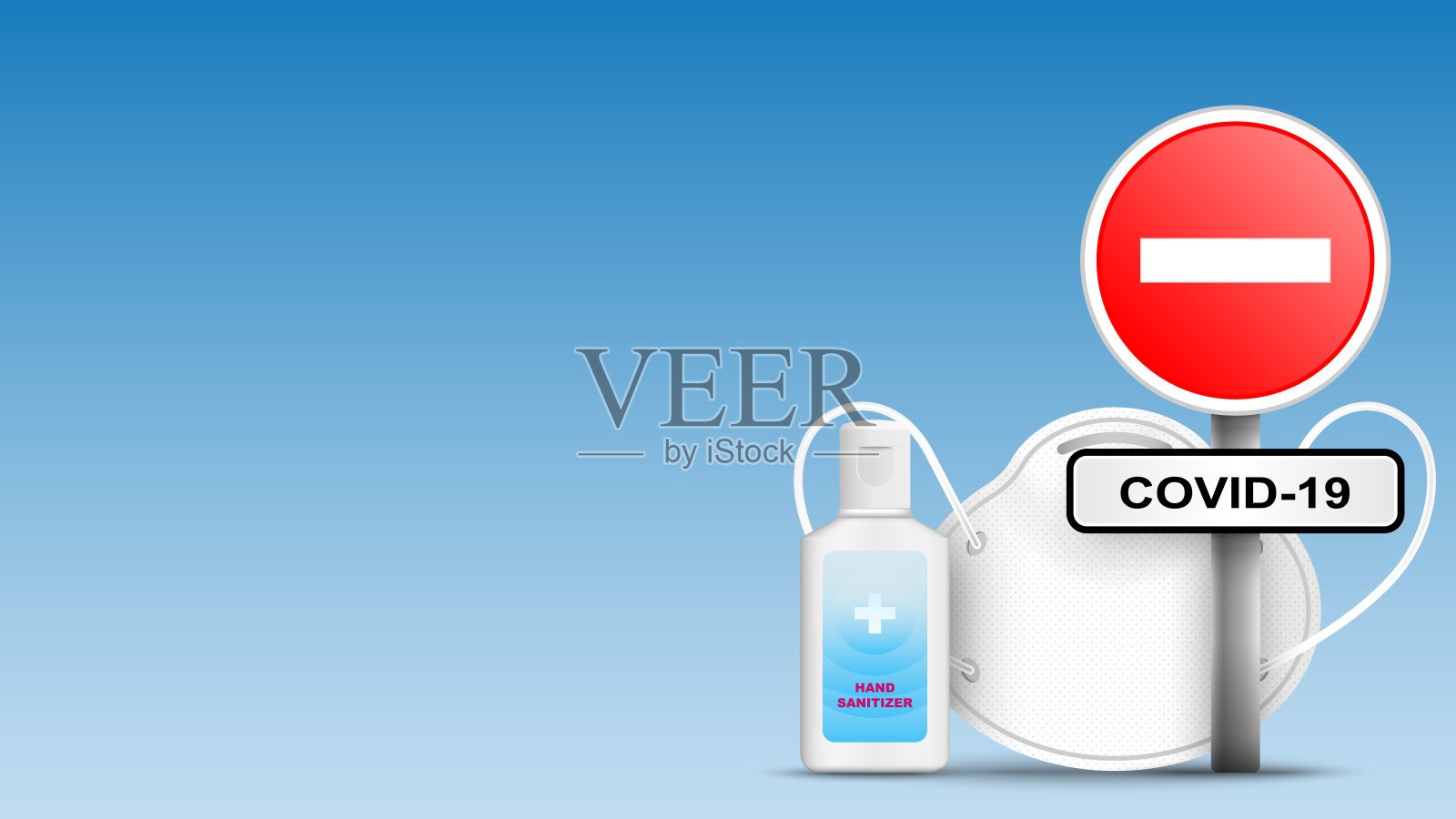 蓝色背景上的酒精凝胶洗手液和一次性卫生或医用口罩。冠状病毒或Covid-19病媒插图。插画图片素材