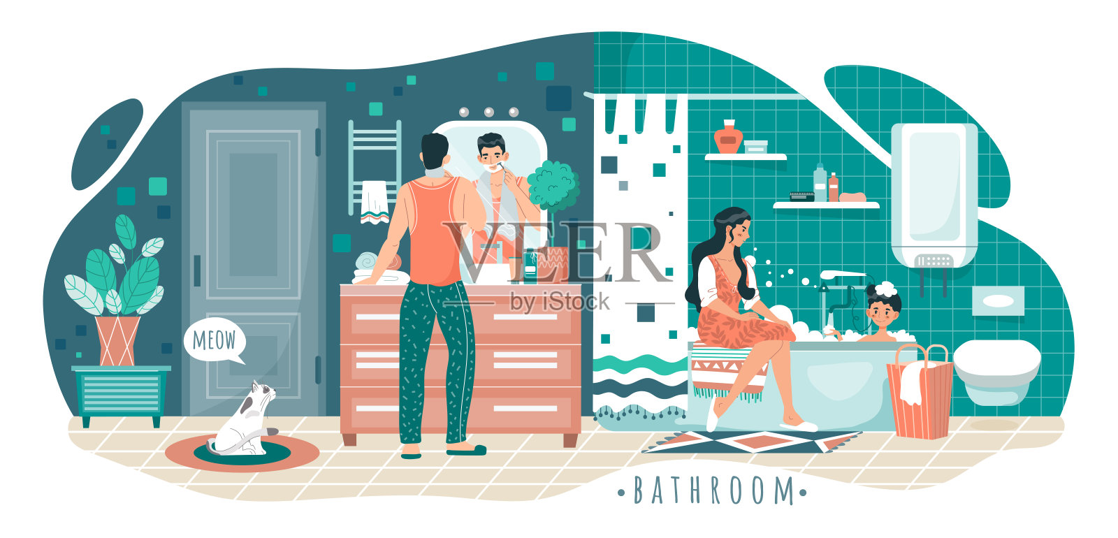 家庭卫生间，晨间卫生例行，人媒插画插画图片素材