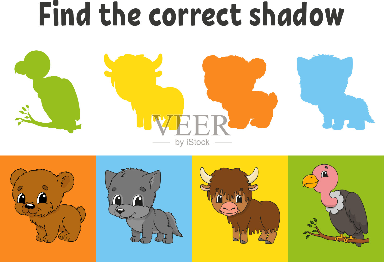 找到正确的阴影。教育工作表。儿童配对游戏。熊，狼，牦牛，秃鹫。颜色活动页面。对儿童拼图。卡通人物。孤立的矢量图。插画图片素材