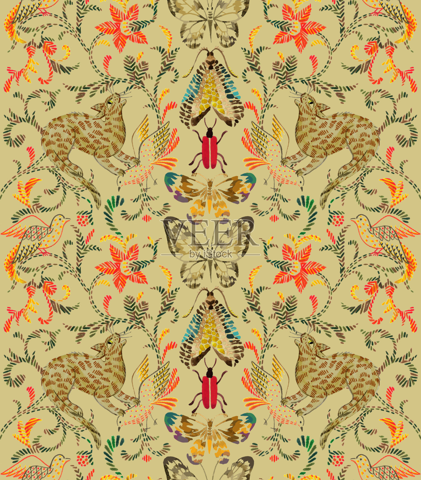 民间风格中的动物无缝图案插画图片素材