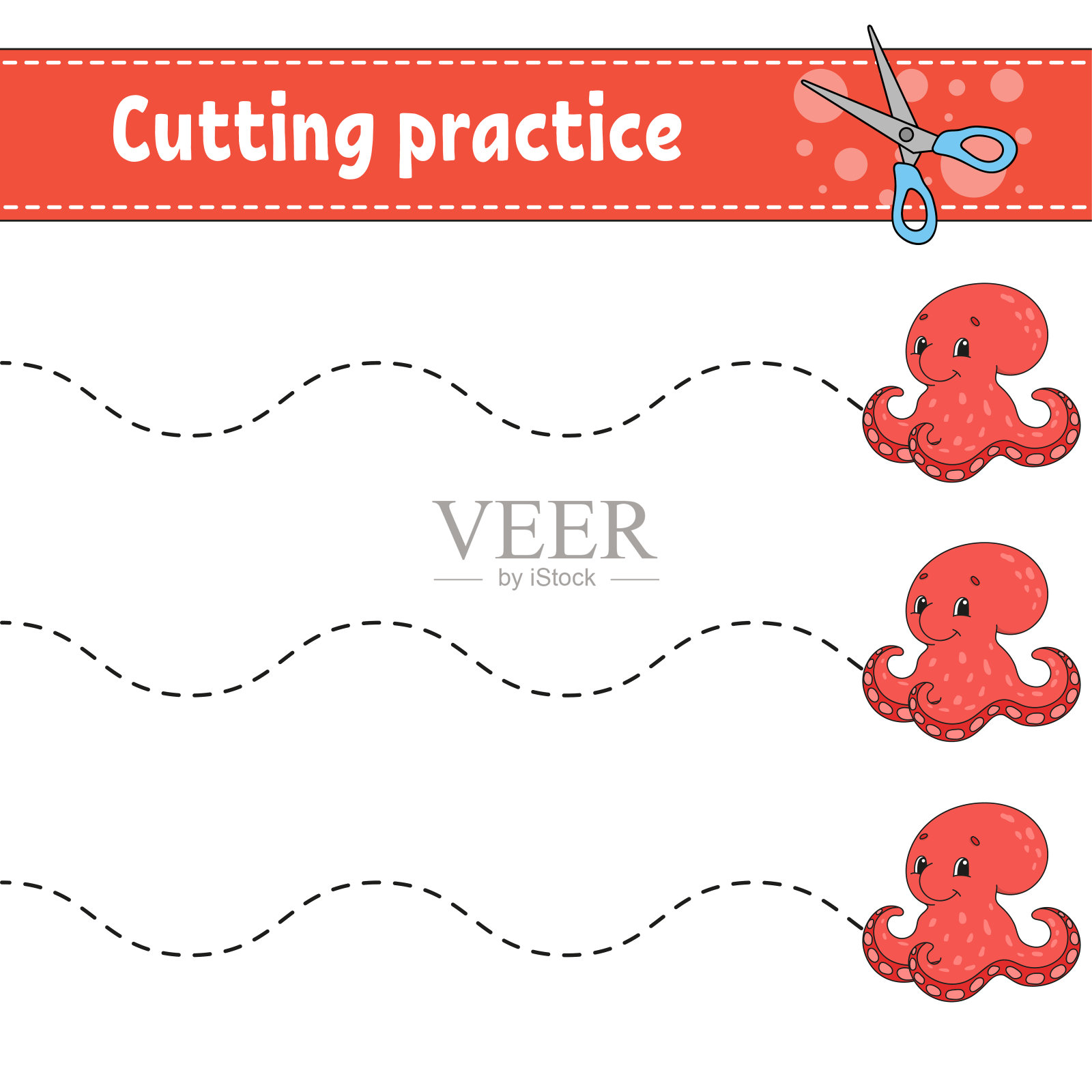 为孩子们削减练习。水生章鱼。教育发展工作表。活动页面。儿童色彩游戏。孤立的矢量图。卡通人物。插画图片素材