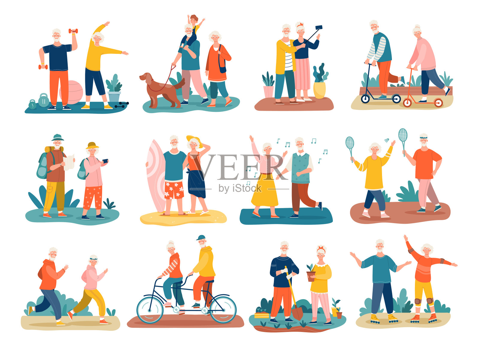 活跃的老年人概念与彩色图标插画图片素材