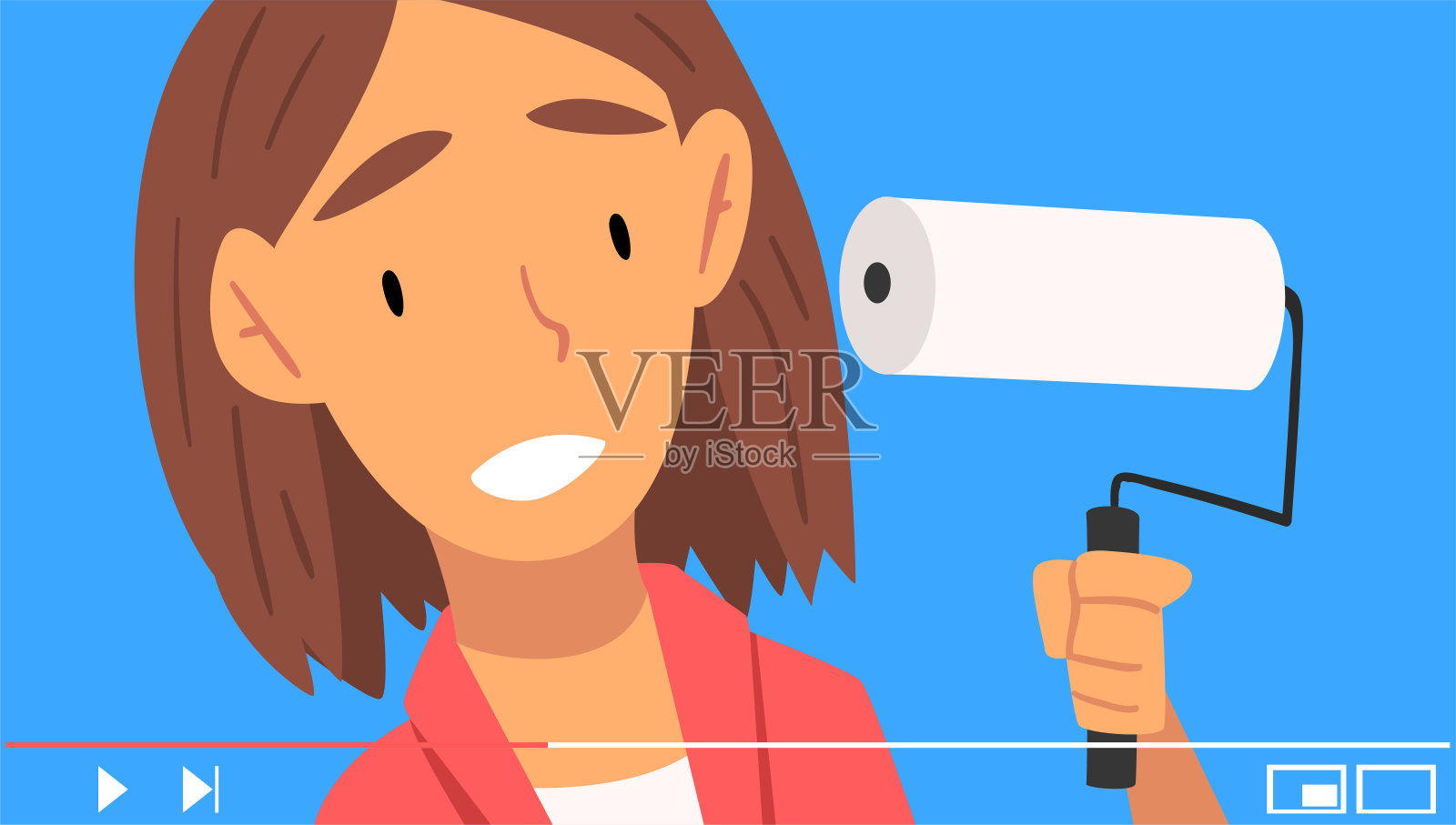 年轻女子博主拿着油漆辊给家庭改进矢量插图建议插画图片素材