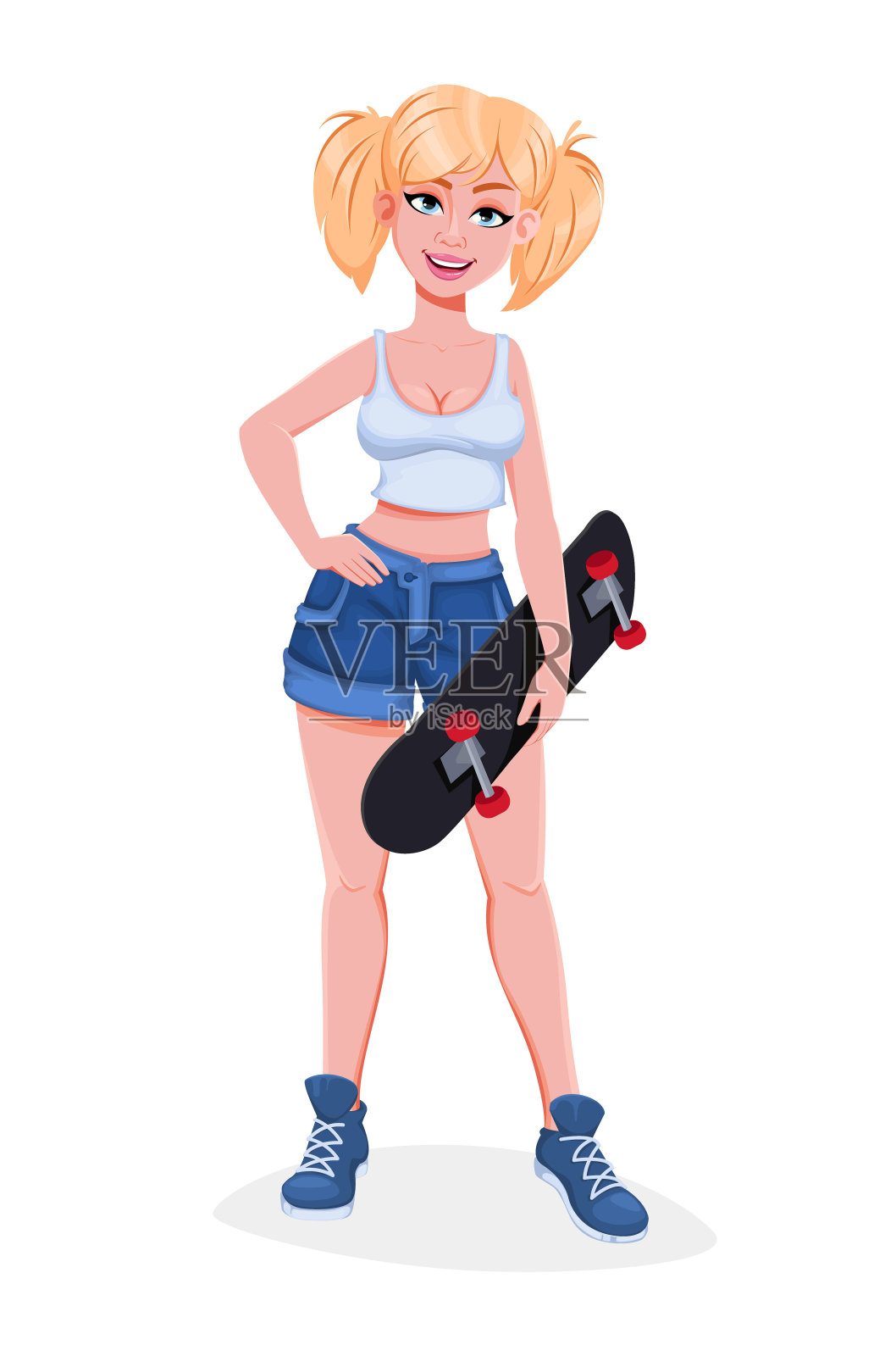 美丽的年轻城市女孩与滑板插画图片素材