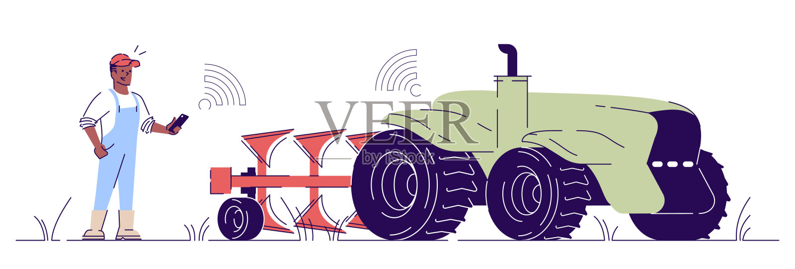 无人驾驶拖拉机平面矢量插图。自主农业机械概述概念。用智能手机控制农民的性格。智能农具孤立设计元素插画图片素材