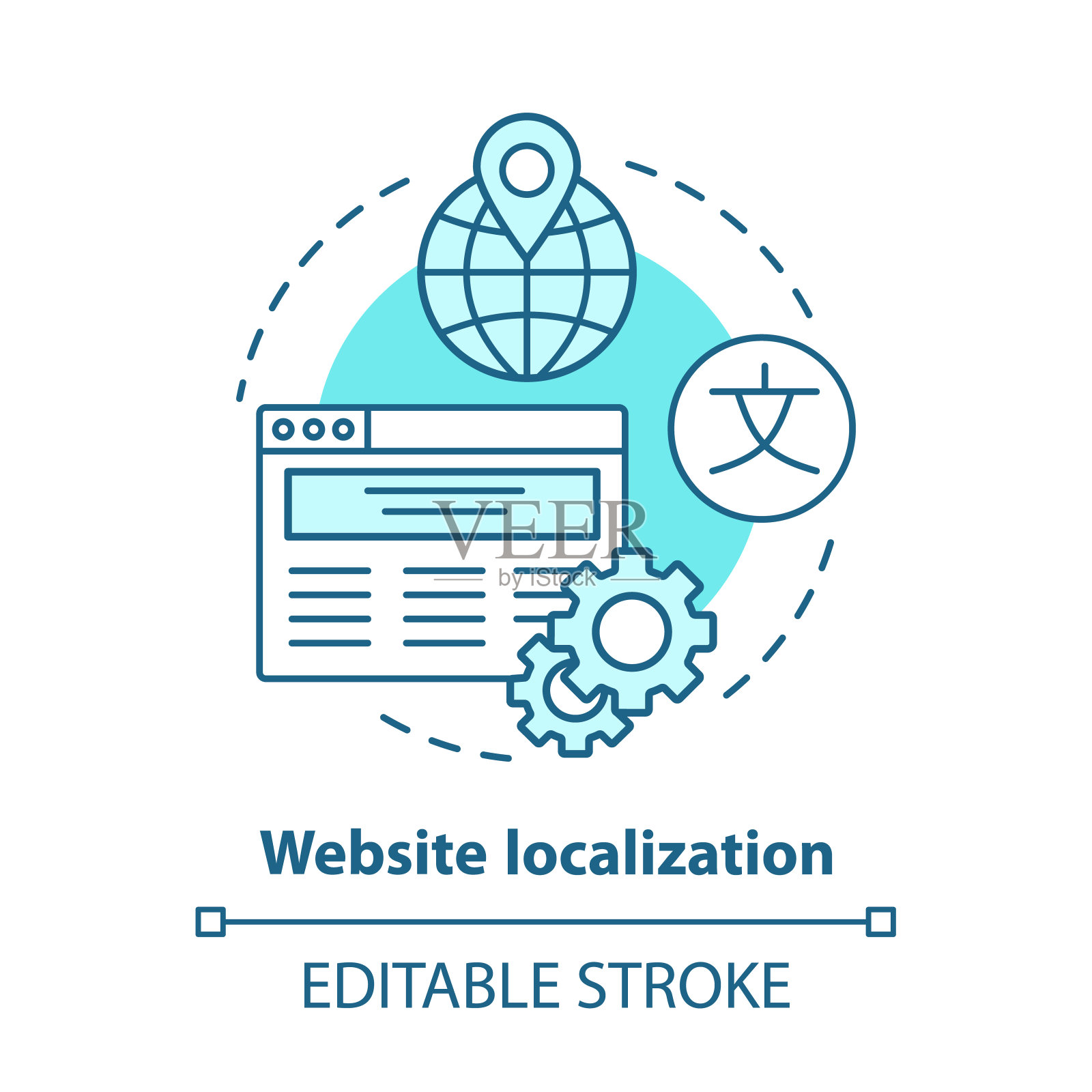 网站本地化蓝色概念图标。网站翻译构思细线插图。推出和管理多语种网页，国际SEO。矢量孤立轮廓绘制。可编辑的中风插画图片素材