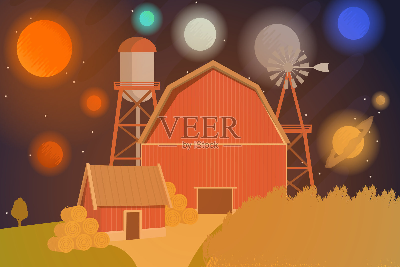 未来农场的概念在未知的星球上。太阳系的星系和行星插画图片素材