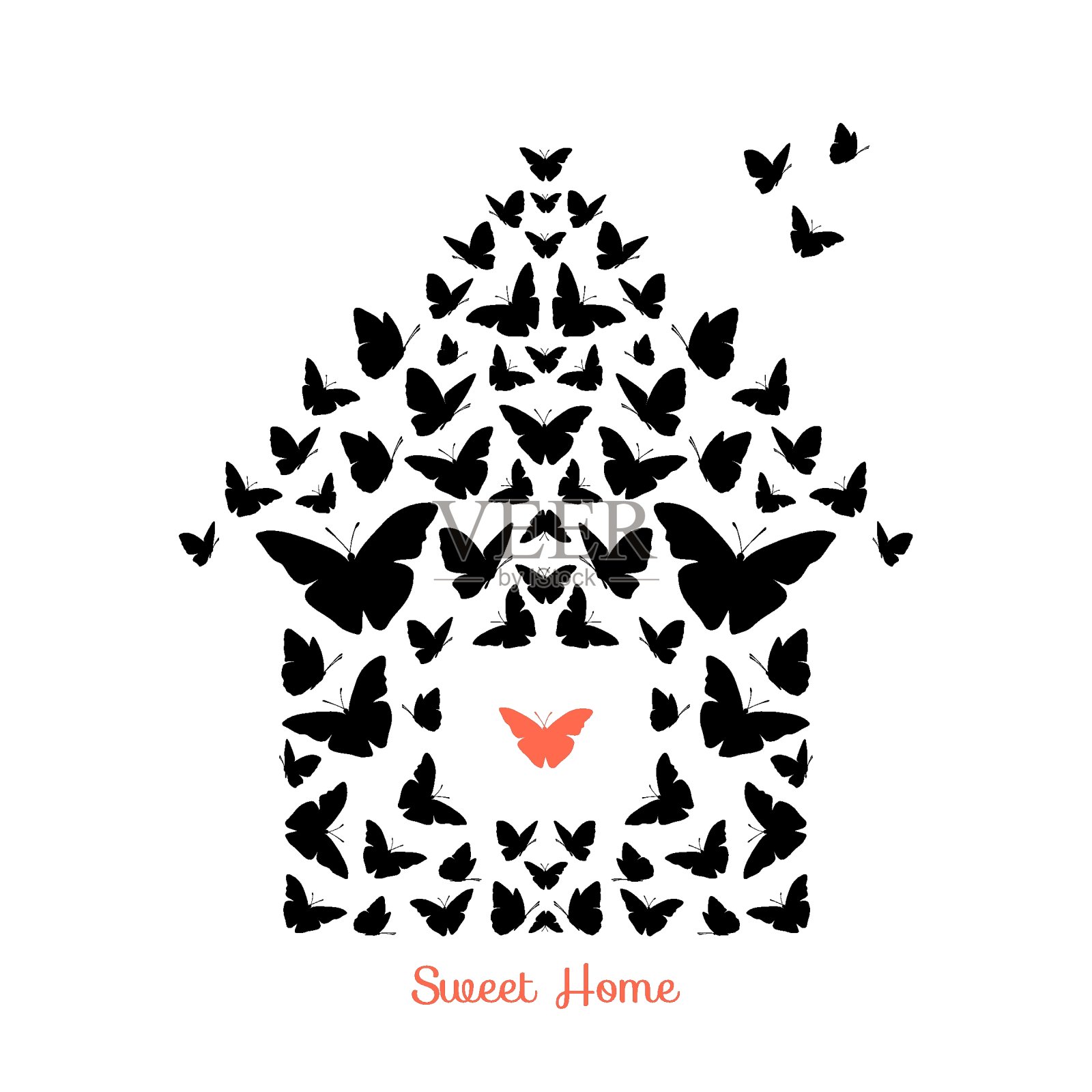 甜蜜的家插图。飞蝴蝶矢量背景。设计元素图片