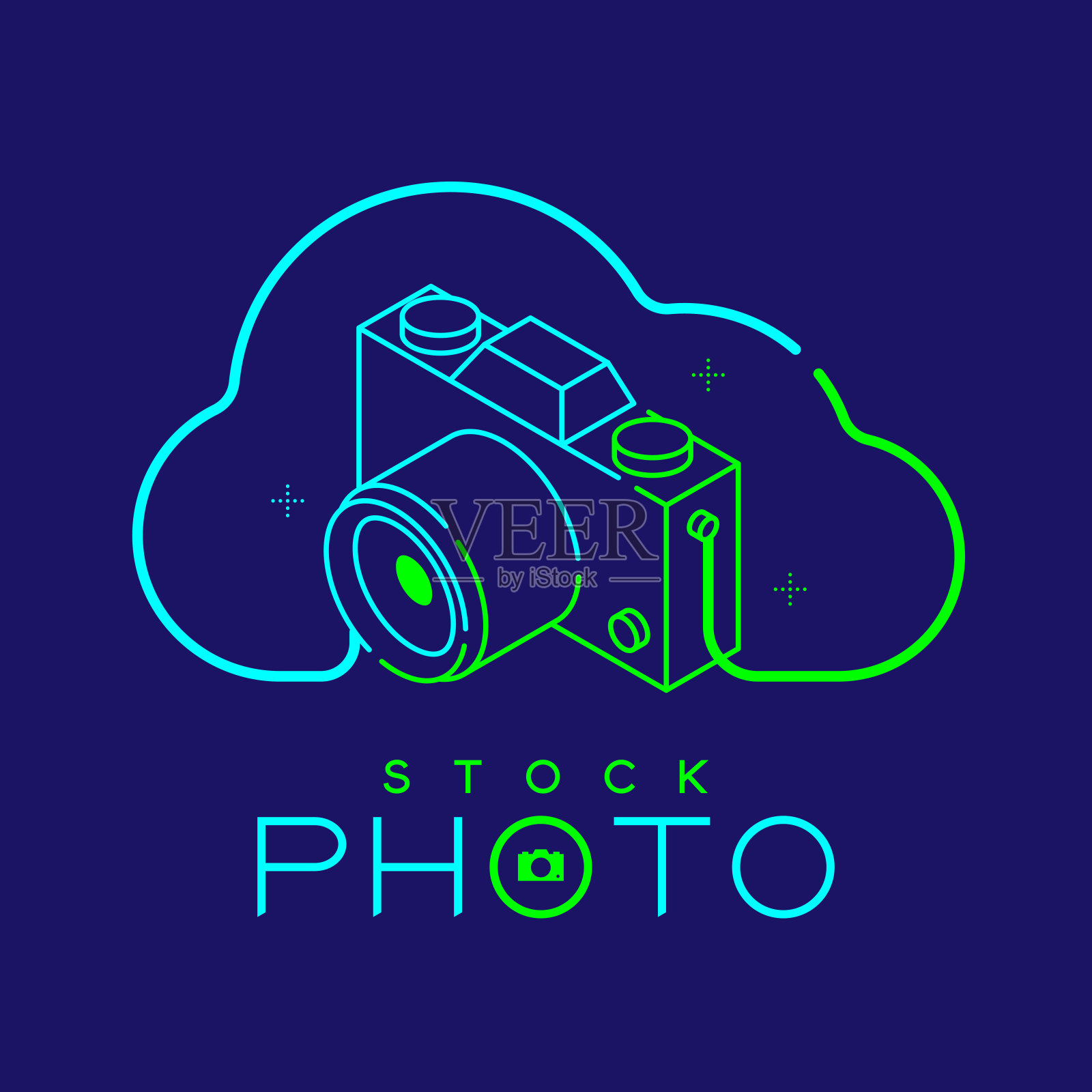 3D等距摄影师标志图标轮廓描在云框架由颈部带相机设计插图孤立在与股票照片文本和复制空间的深蓝色背景，矢量eps 10图标素材