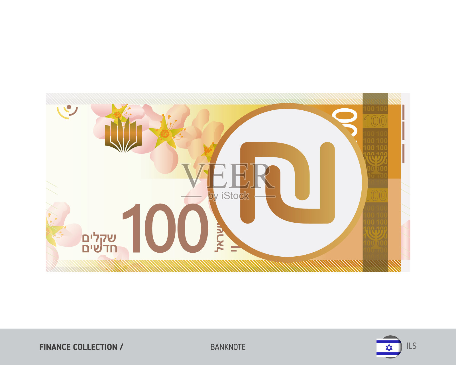 100以色列新谢克尔纸币。平面风格高度详细的矢量插图。孤立在白色背景上。适合印刷材料，网页设计，移动应用程序和信息图表。插画图片素材