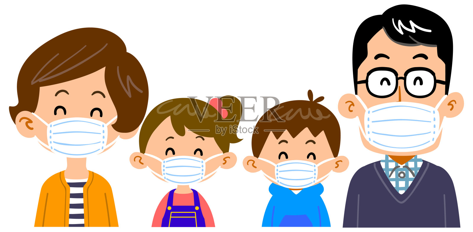 微笑的家人戴着面具插画图片素材