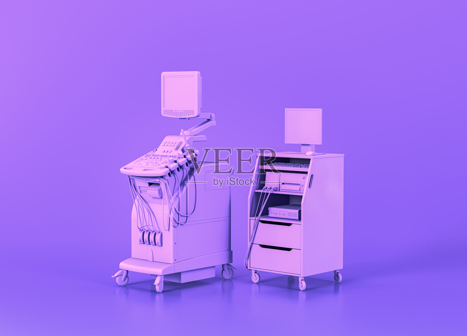 超声仪和生命体征监护仪，医疗设备单色紫色平面房间，3d渲染照片摄影图片