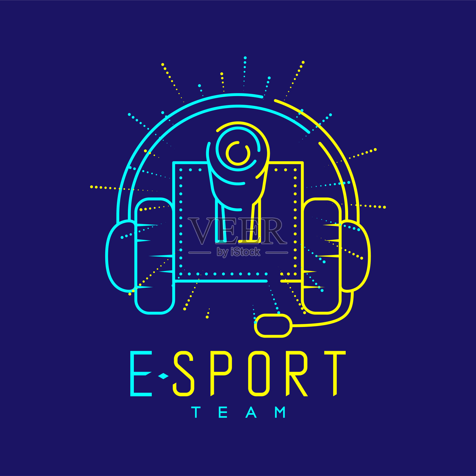 Esport streamer图标轮廓描边，耳机游戏装备与麦克风和半径大炮设计隔离在蓝色背景与Esport Team文本和复制空间，矢量eps 10插画图片素材