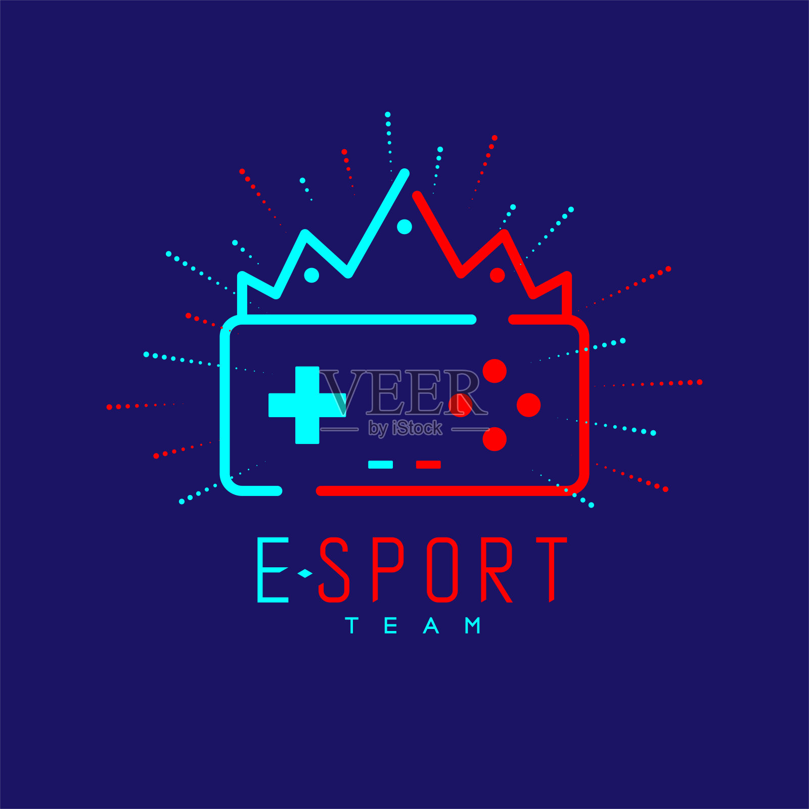 电子竞技图标轮廓描边和半径，手柄或控制器游戏装备与皇冠设计插图孤立在深蓝色背景与电子竞技团队文本和复制空间，矢量eps 10插画图片素材