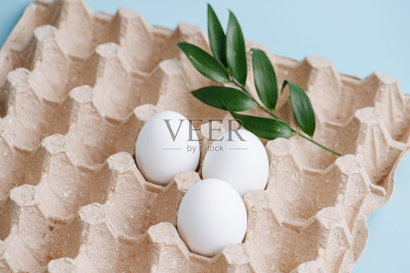 美丽的白色鸡蛋，环保包装，蓝色背景。照片摄影图片