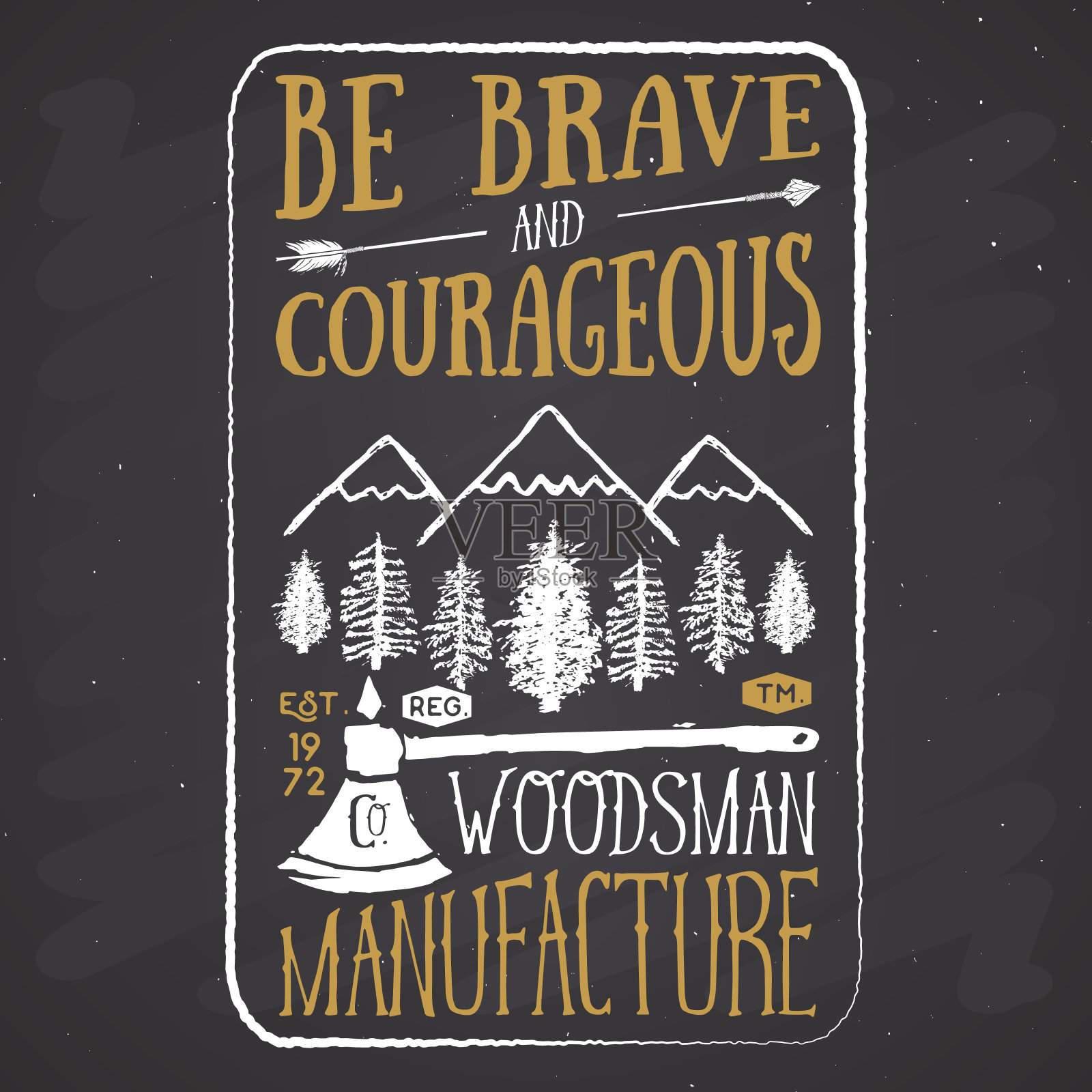 伐木工复古标签与斧头和树木。手绘垃圾复古标签，复古徽章设计，矢量插图黑板背景插画图片素材