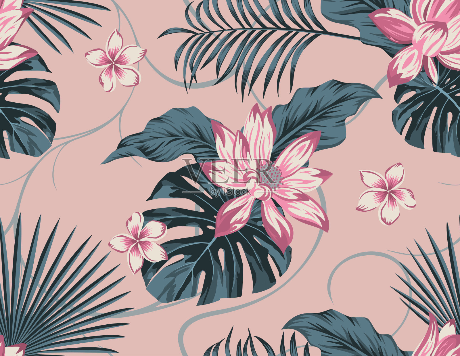 鸡蛋花叶子无缝隙，底色粉红插画图片素材