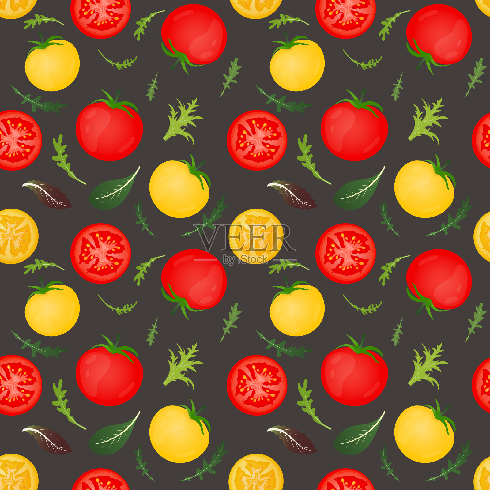 红色和黄色的西红柿在黑暗的背景。番茄蔬菜配生菜和芝麻菜叶。矢量插图。无缝模式。插画图片素材