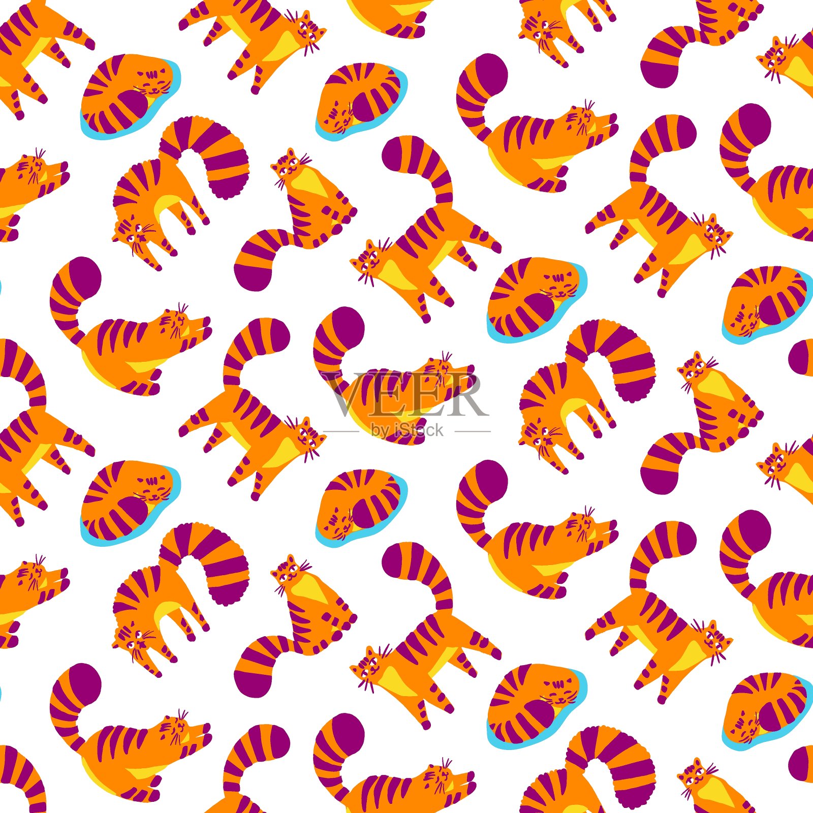 可爱的橙色搞笑猫彩色插图无缝图案。可爱的猫。贺卡、海报、横幅。向量插画图片素材