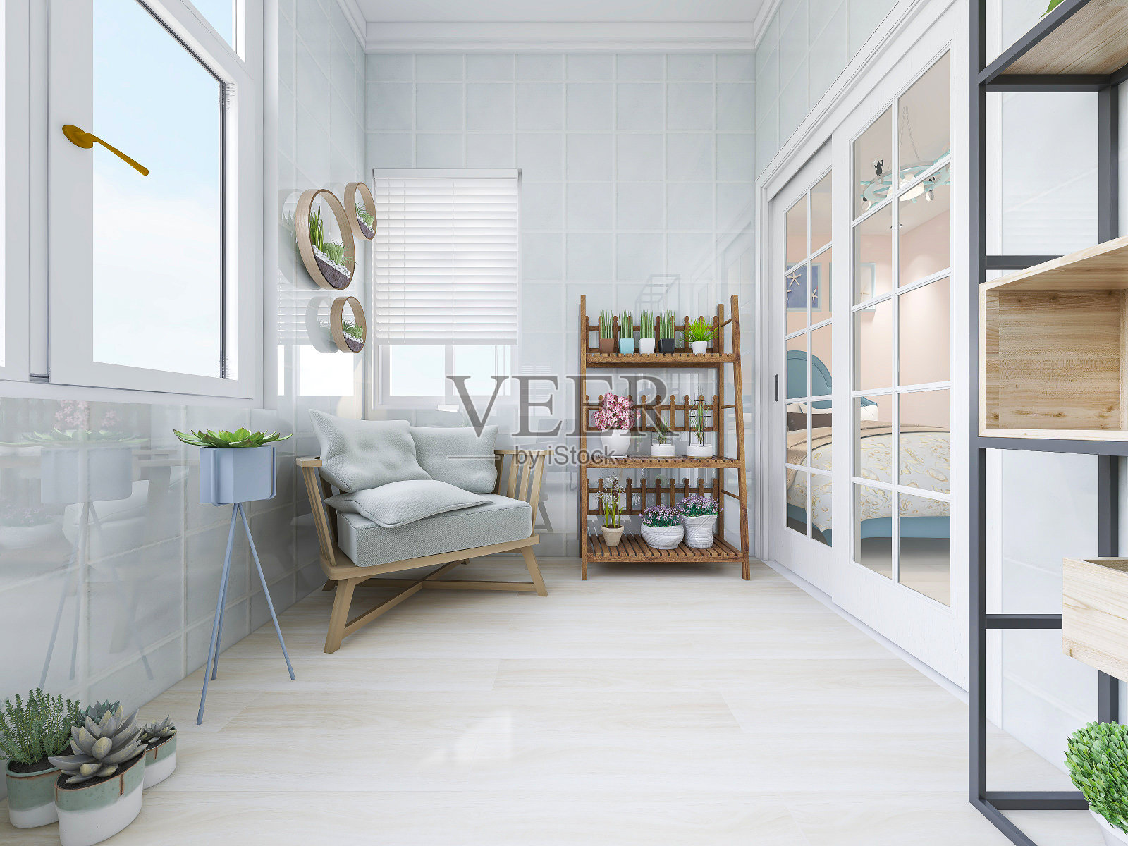 三维效果图，封闭式阳台设计，有桌子、绿色植物等。照片摄影图片