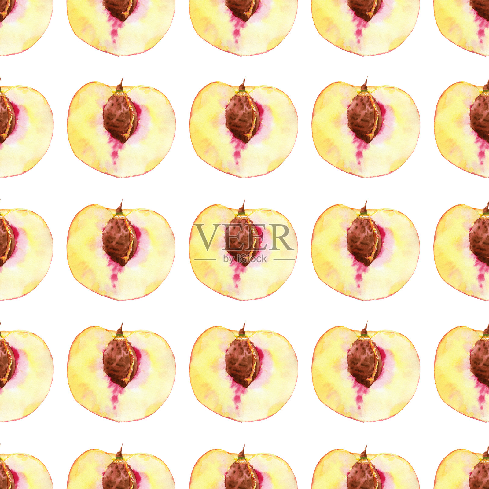 水彩手绘规则无缝图案与桃半果实与种子孤立在白色的背景。插画图片素材