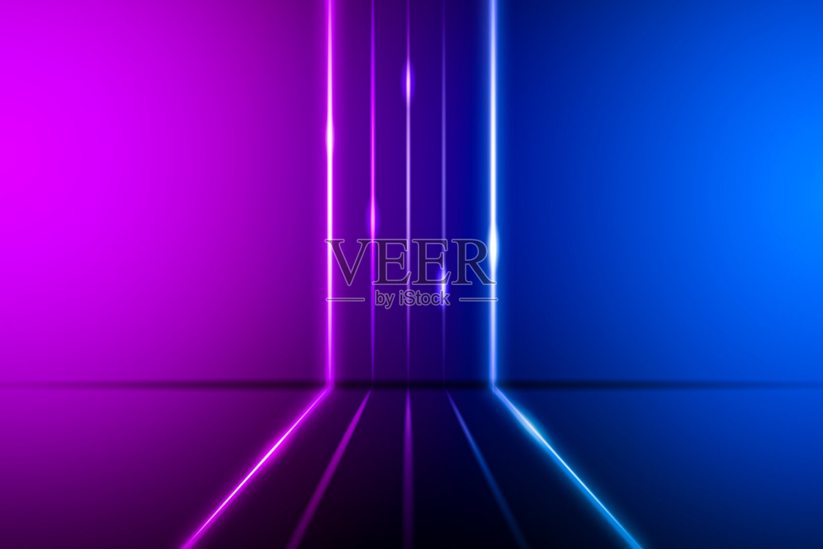 现代的未来霓虹抽象背景。大物体在中心，空间背景。霓虹灯下的黑暗场景。反射光线在潮湿表面上的反射照片摄影图片