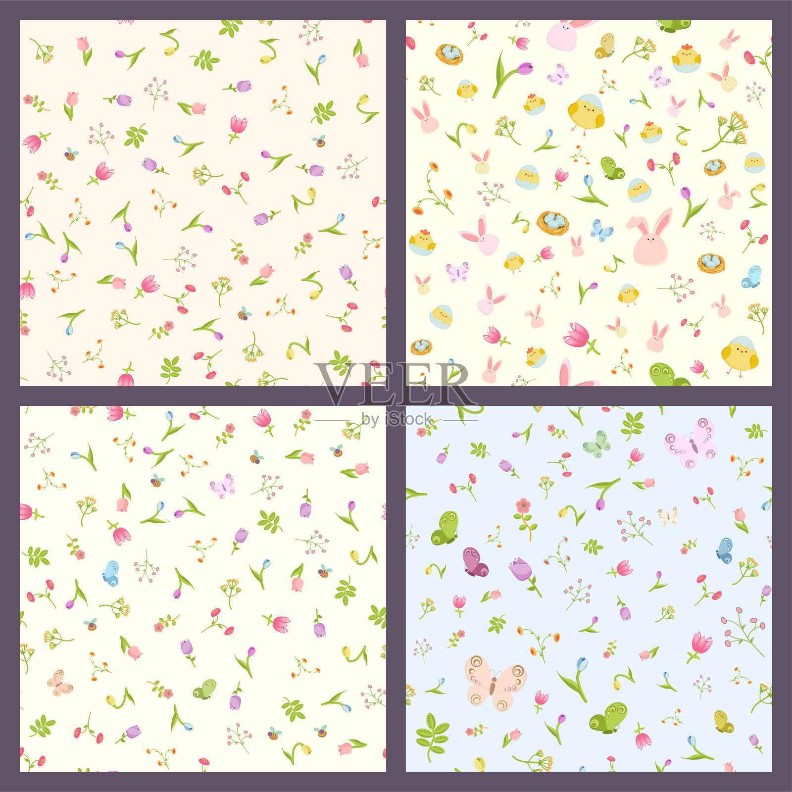 复活节快乐饰品及装饰元素。向量无缝模式的集合。蛋，鸡，兔子，花，窝插画图片素材