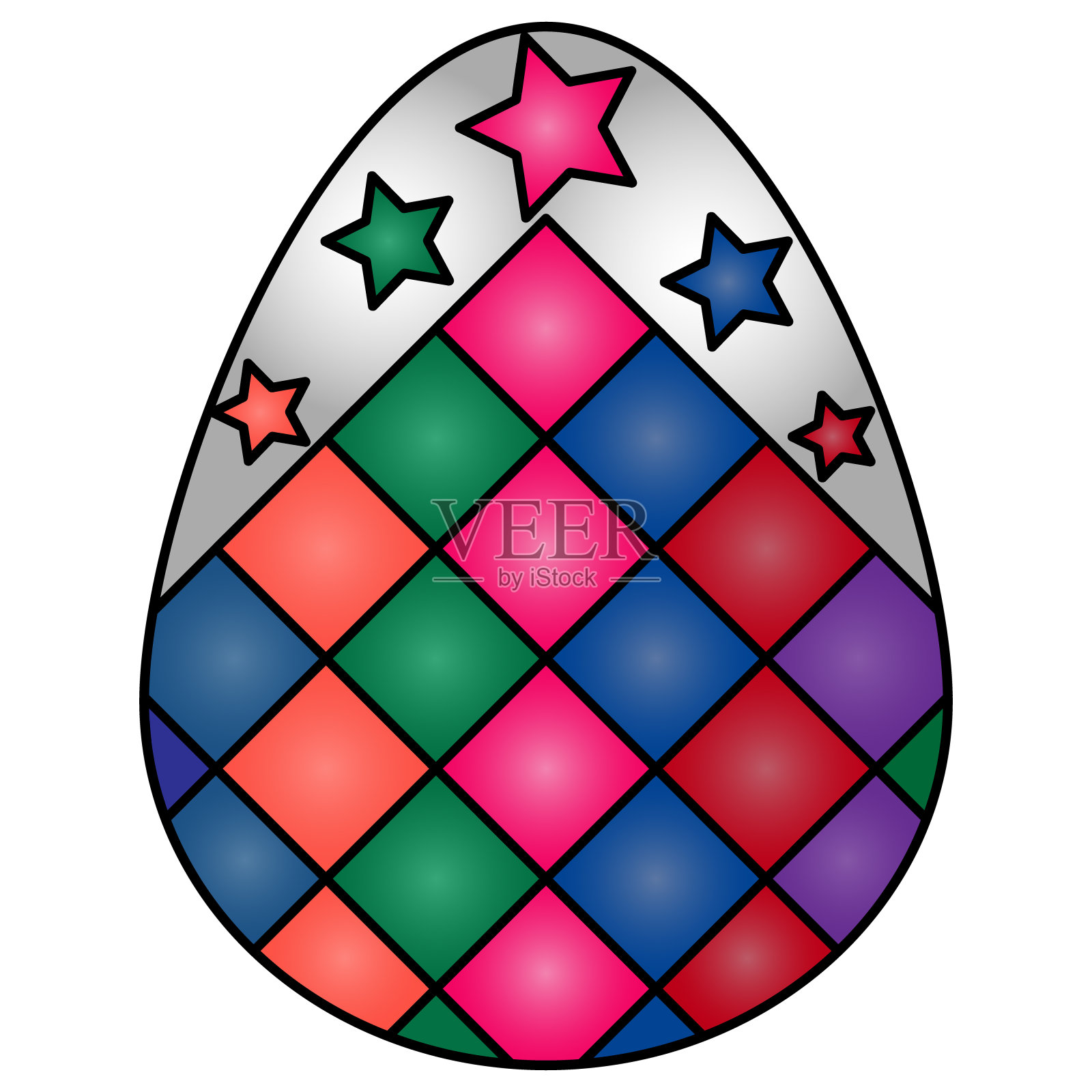 彩色矢量插图的白色复活节蛋与明亮的装饰在彩色菱形和星星的形式。独立背景上的体积图像。贴纸，书的想法。假日打印。设计元素图片
