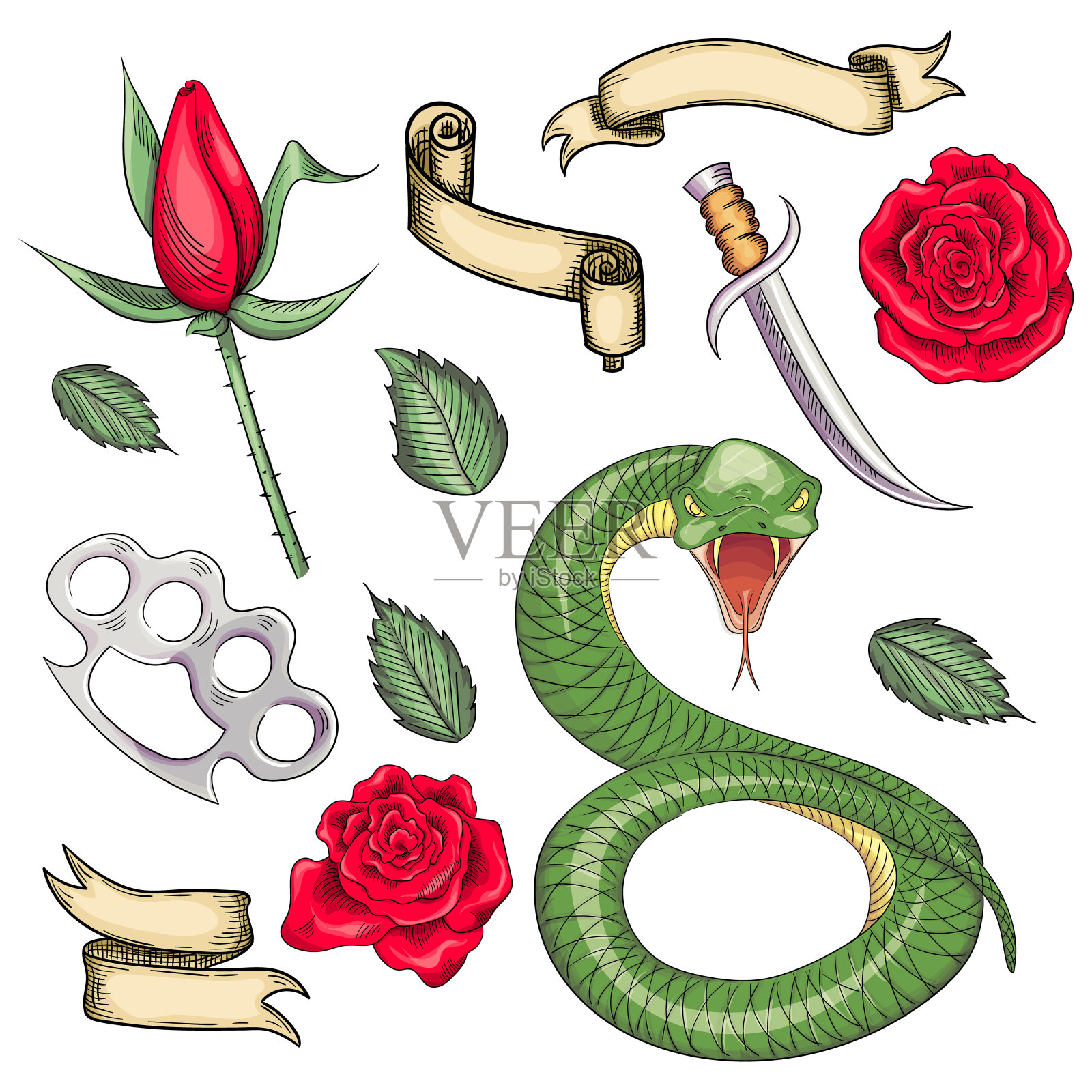 一套元素的纹身或贴纸，印刷在旧学校的风格插画图片素材