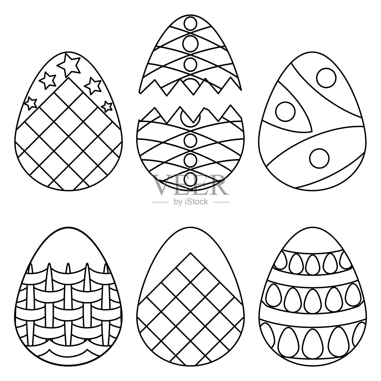 矢量插图的一套复活节蛋。不同的饰品。概述一个孤立的背景。儿童和成人涂色书。关于一本书或杂志的想法。涂鸦风格。假日打印。插画图片素材