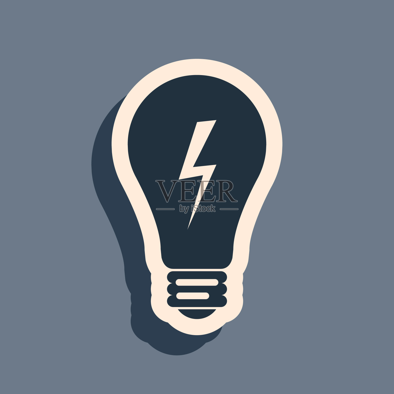 黑光灯标志。灯泡与闪电符号图标孤立在灰色背景。思想的象征。长长的阴影风格。矢量图插画图片素材