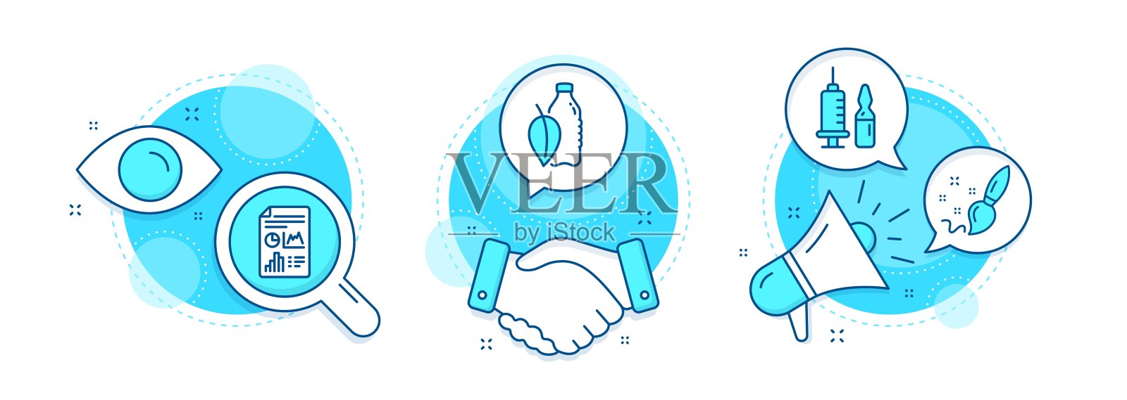 报告文件，水瓶和医疗疫苗接种图标集。油漆刷的迹象。向量插画图片素材