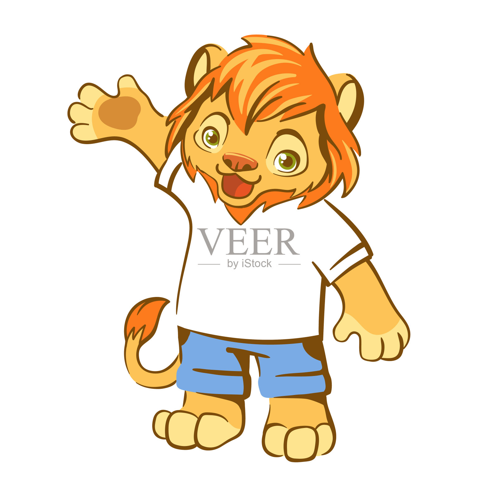 卡通狮子孤立。欢迎人物，小可爱服装狮子吉祥物，向量设计元素图片