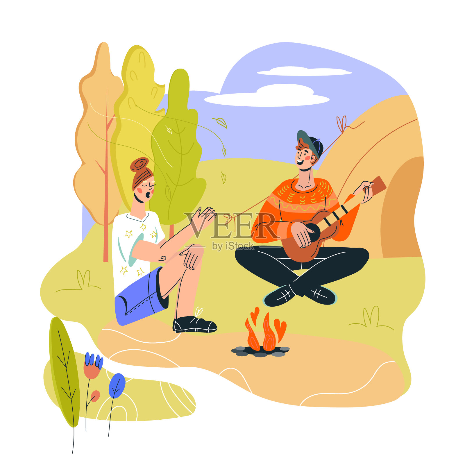 夏季游客露营背景与游客坐在篝火附近。插画图片素材