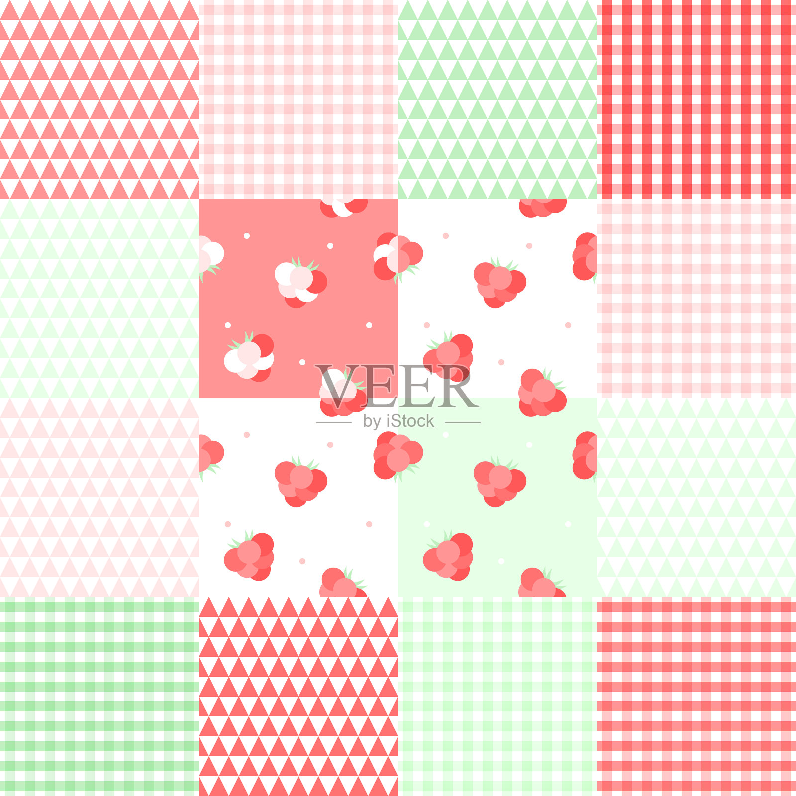 矢量插画图案设计的水果，纹理，壁纸，织物，插画，婴儿，复古，色彩丰富，复古，背景，纤维，装饰，覆盆子，红色，粉色，绿色，点，被子，食物。插画图片素材