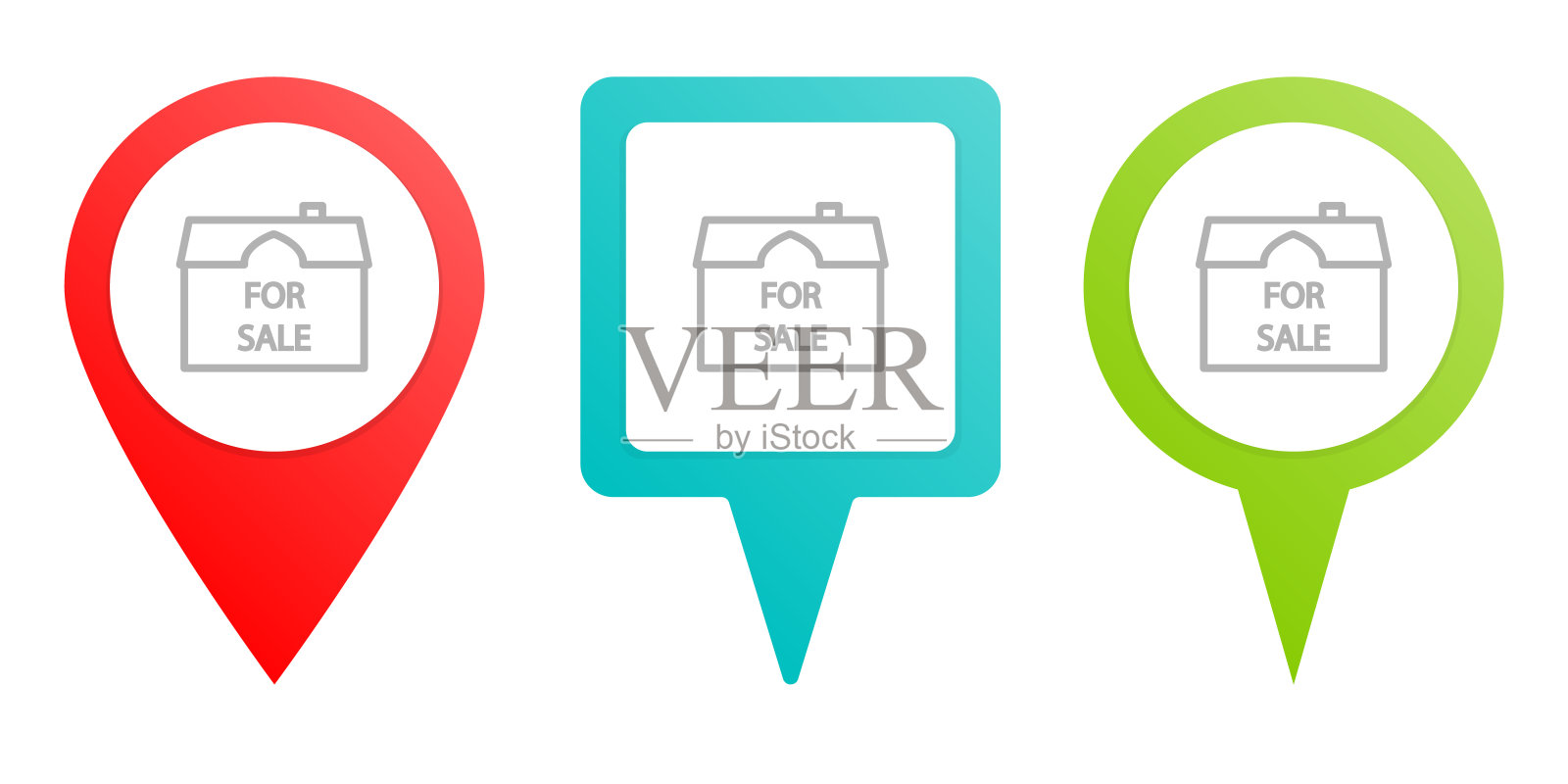 出售，房子，引脚矢量图标。多色引脚矢量图标，不同类型的地图和导航点。图标素材