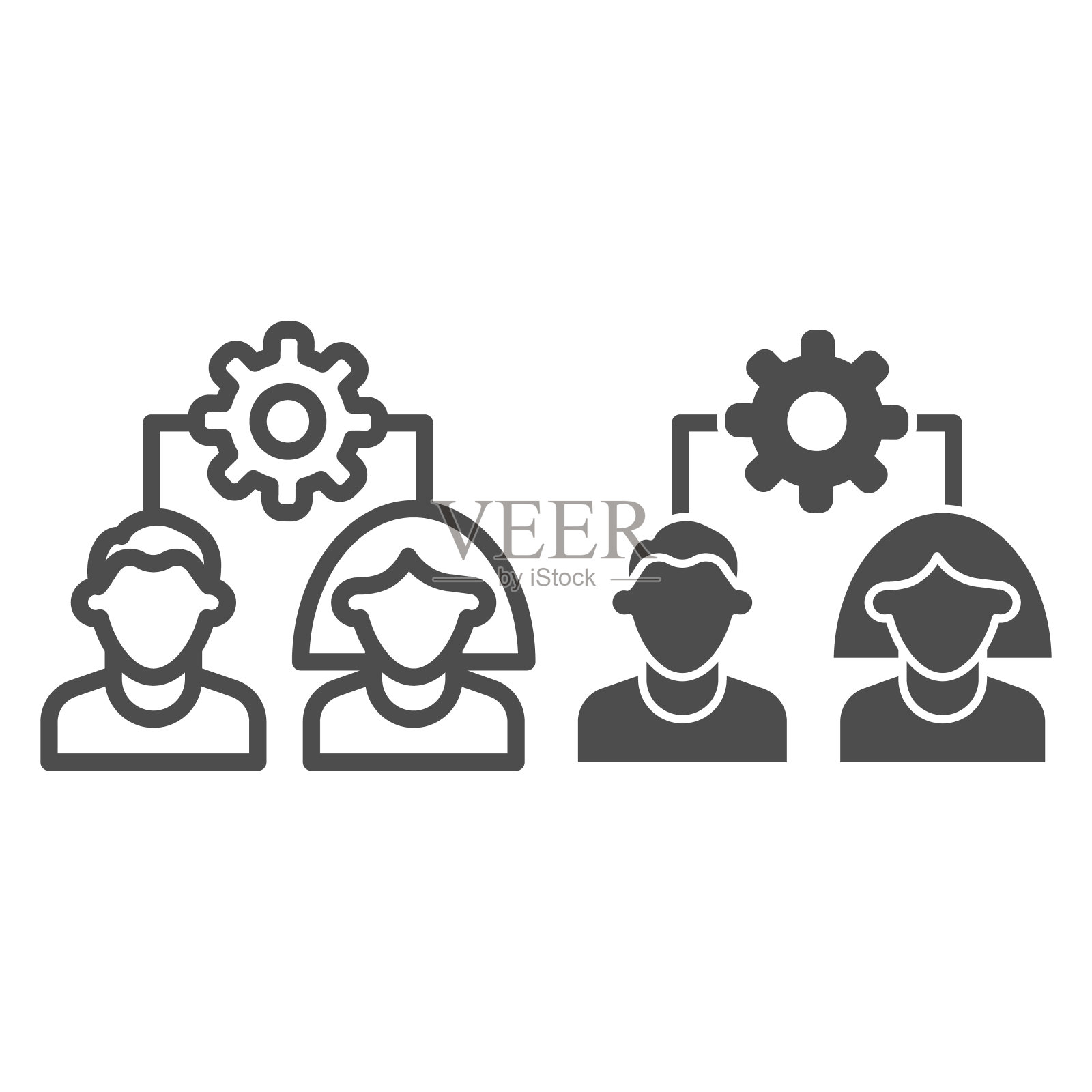团队机制线和立体图标。协作，齿轮与男人和女人符号，轮廓风格象形文字上的白色背景。团队合作标志的移动概念和网页设计。矢量图形。图标素材