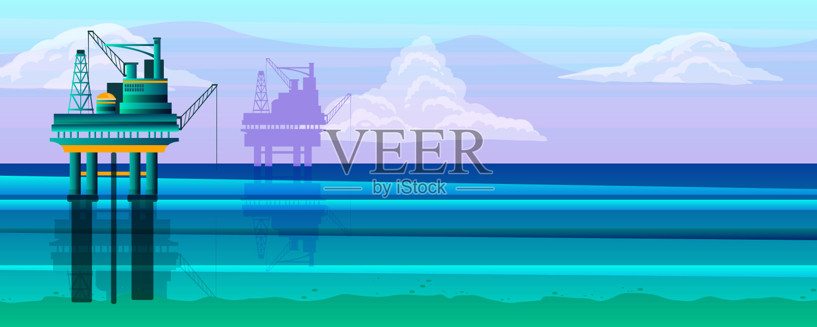 插图与海洋平台和复制空间在时尚的蓝色。云海碧水。水污染环境概念生态工程插画图片素材