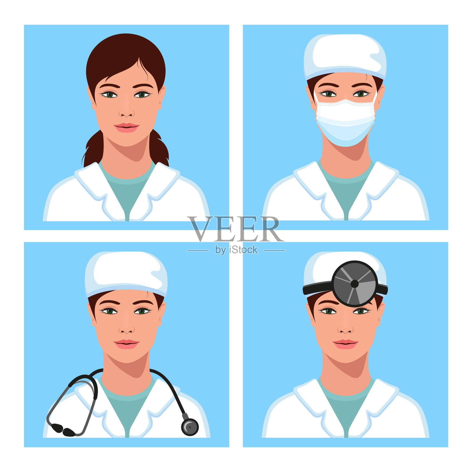 美丽的欧洲女性医生，耳鼻喉科有和没有医疗面罩，头部反射器，听诊器阿凡达设置。医疗个人。治疗师。医院的护士。矢量插图。插画图片素材